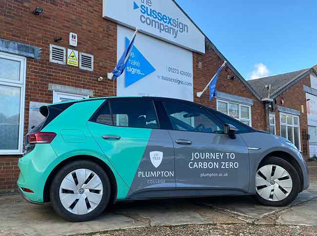 Electric VW car with 3/4 full vinyl wrap promoting Plumpton College, Plumpton, East Sussex