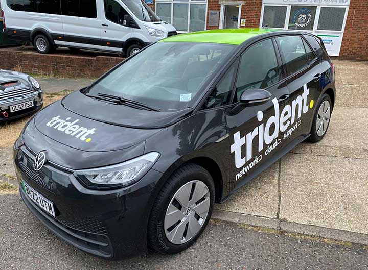 Electric VW car with Trident IT vinyl lettering to sides and a colour contrast vinyl application to roof