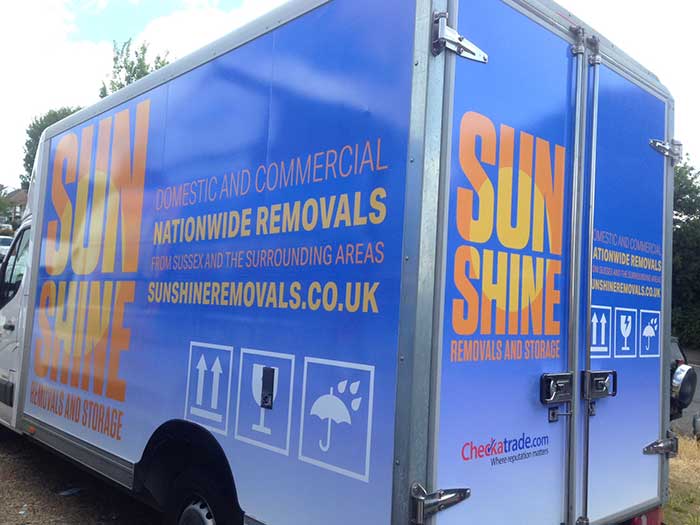 Luton panel van with digitally printed vinyl 100% wrap for Sunshine Removals of Ditchling, East Sussex