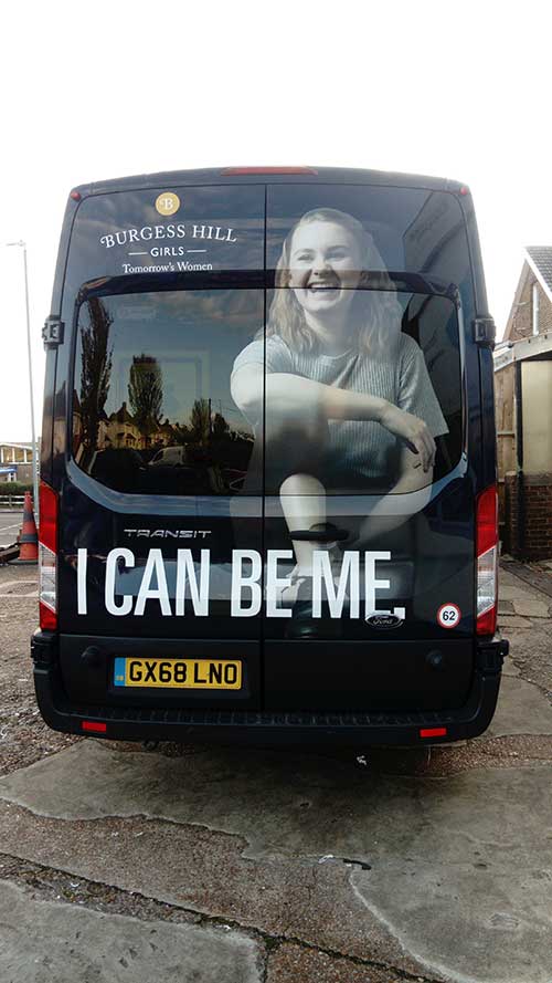 Minibus with digitally prints of school girl plus white vinyl lettering "I can be me" for Burgess Hill School for Girls