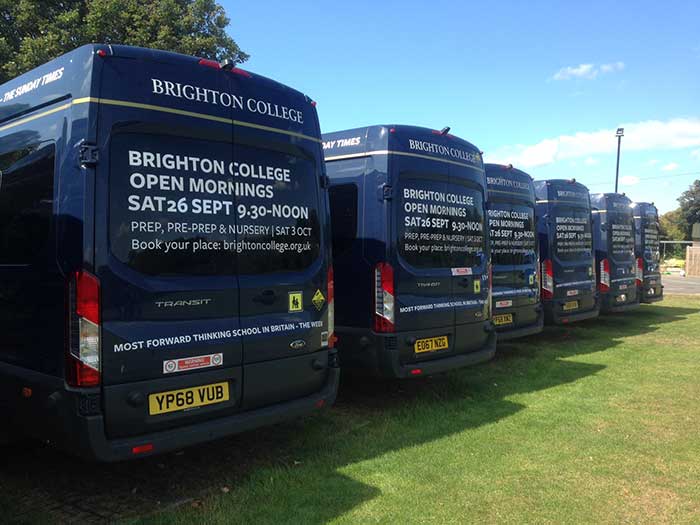 Brighton College minibus with white vinyl letters to rear door panels advertising Open Mornings at the school
