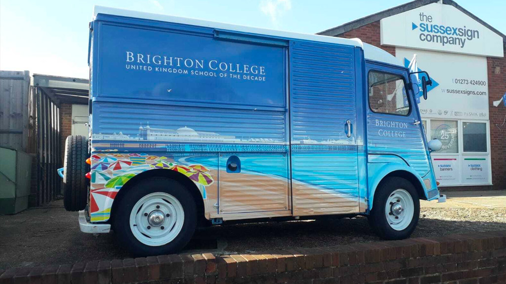 Brighton College classic vintage panel van, Citroën H-Type van, with Brighton scene full colour digital van wrap