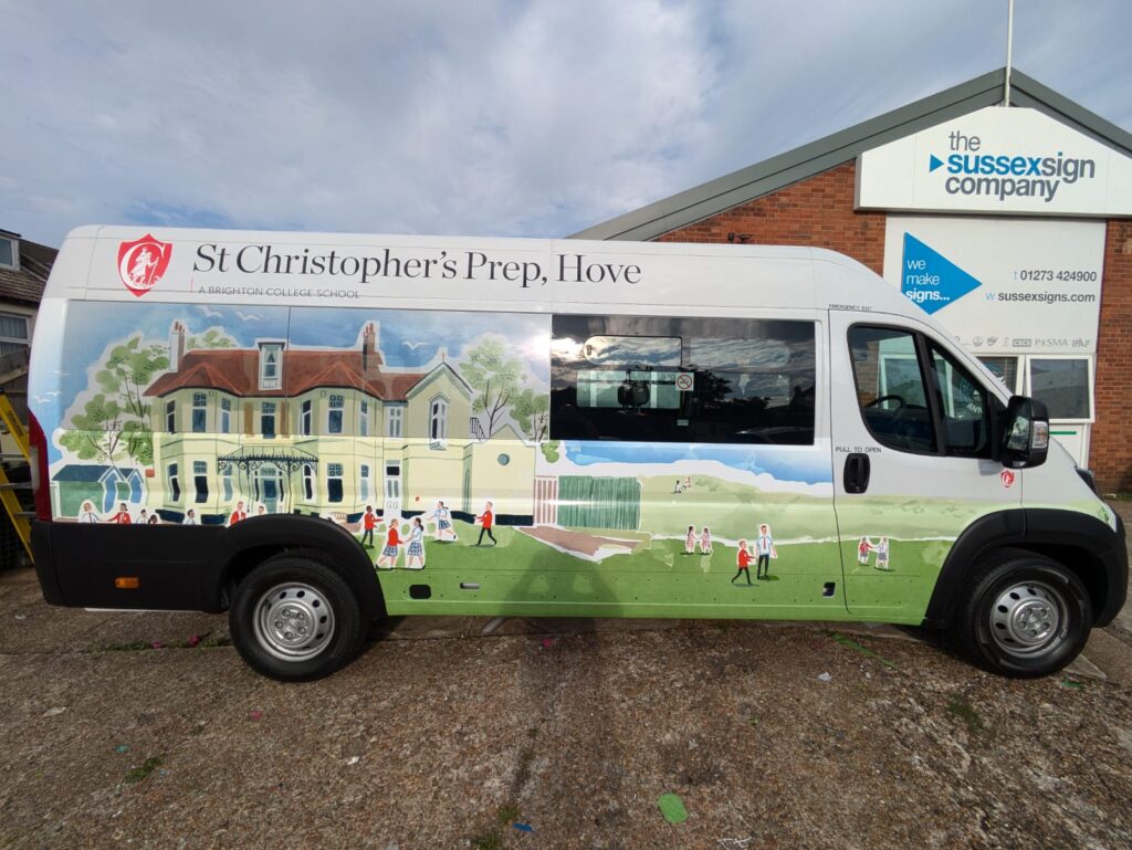 Digitally printed vinyl wrap with local scene for St Christopher's School Hove