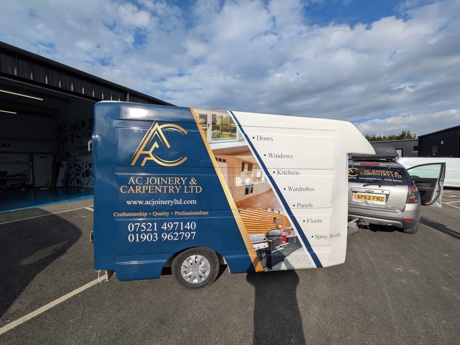 AC Joinery from Storrington, West Sussex have their working trailer branded with a 3/4 vinyl wrap