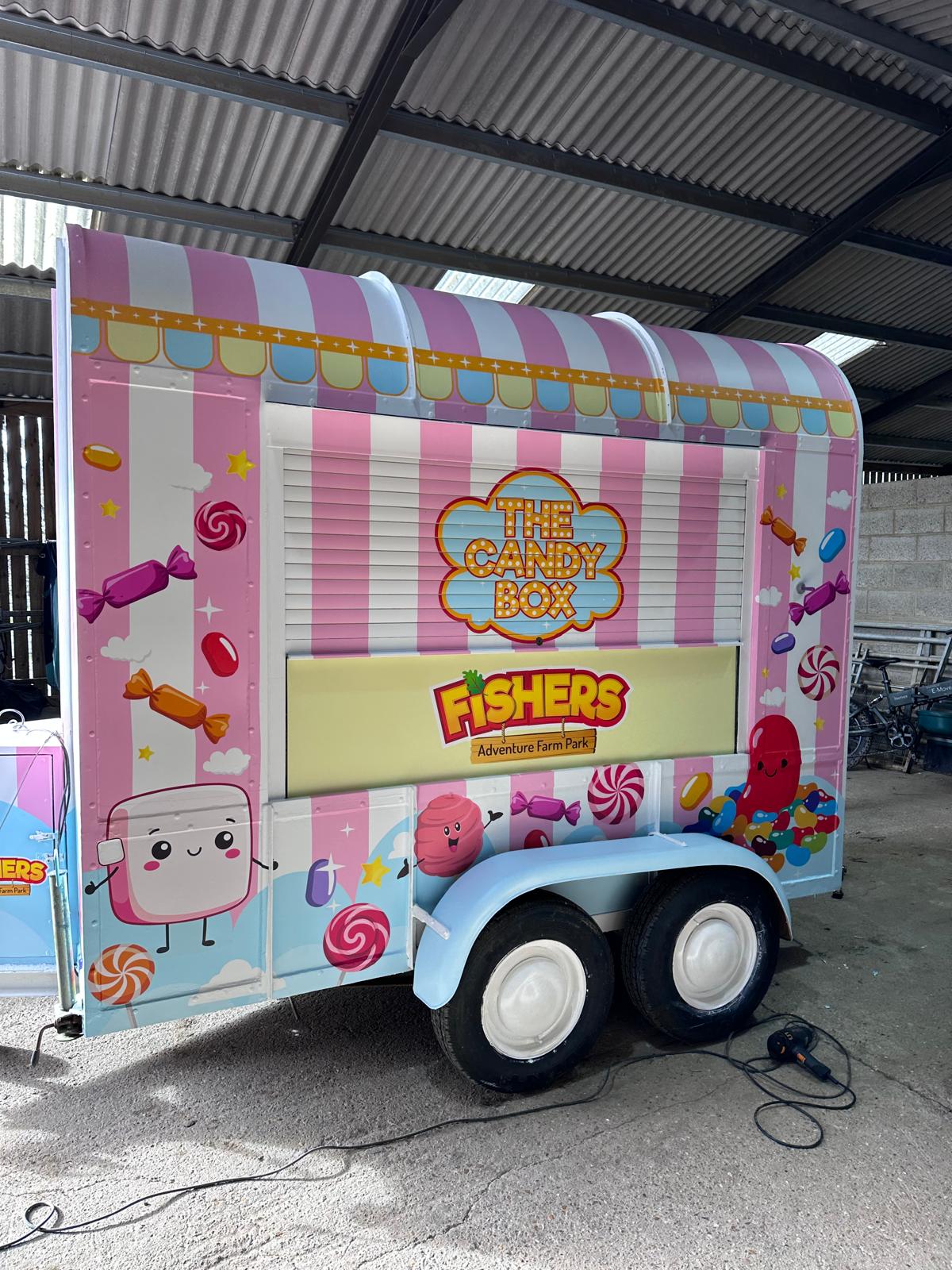 Horse Box Trailer full vinyl wrap transformation into The Candy Box for Fisher's Farm Amusement Park, Billingshurst,  West Sussex