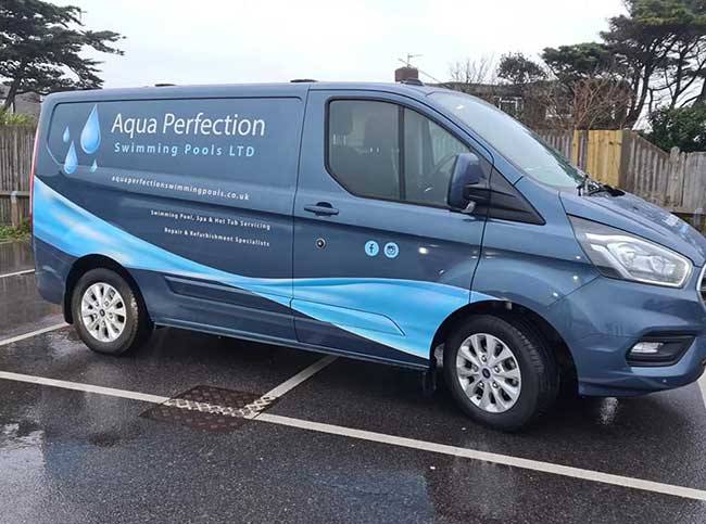 Aqua Perfection medium sized van with digital and cut vinyl decals for logo, calls to actions and additional design acents