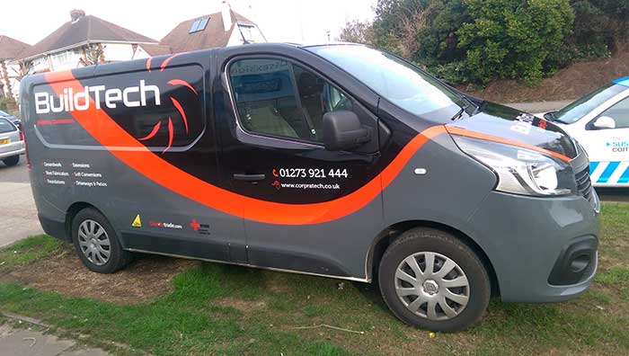 Cut vinyl three quarter van wrap transforming the colour and advertsing Buildtech