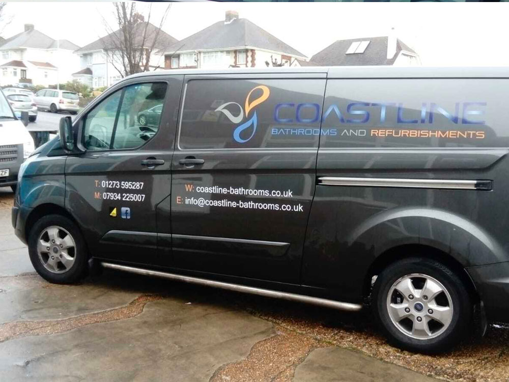 Printed & Cut vinyl lettering for promoting Coastline Bathrooms van