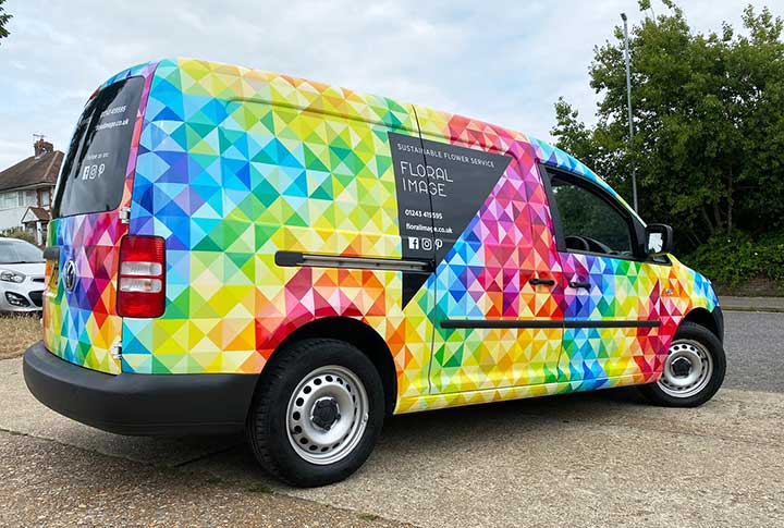 Full coverage van wrap using digitally printed vinyl for Floral Image delivery van