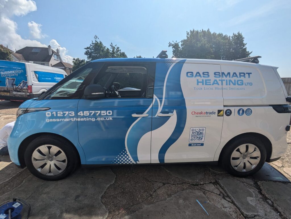 Printed vinly 50% van wrap creating effective eye catching design for Gas Smart Heating van