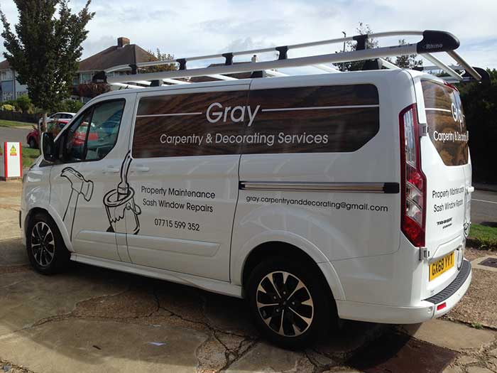 Clever use of printed and black cut vinyl for promoting Gray Carpentry van including a wood effect digital vinyl print to panel