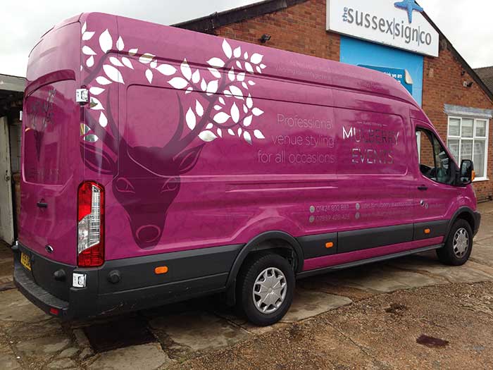 Purple full van wrap for Mulberry Events delivery van