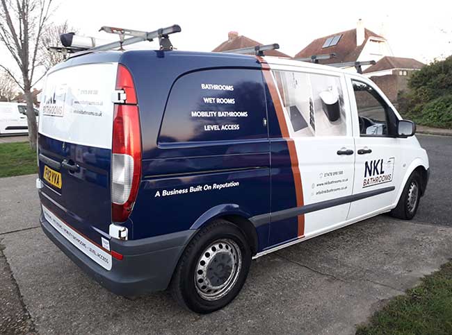 Digital printed vinyl and cut vinyl letters including a 3/4 rear panel wrap promoting NKL Bathrooms