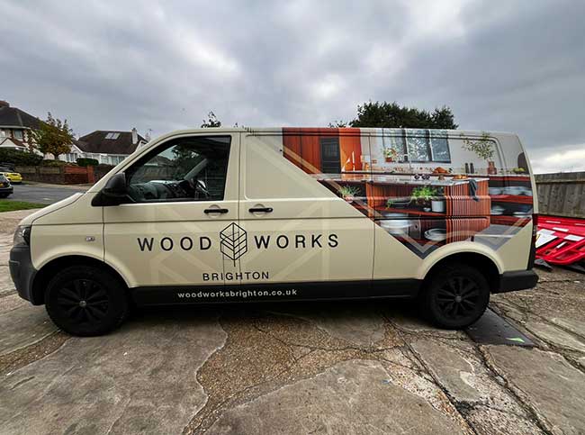 Woodworks Cream delivery van with digitally printed vinyl decals plus vinyl lettering