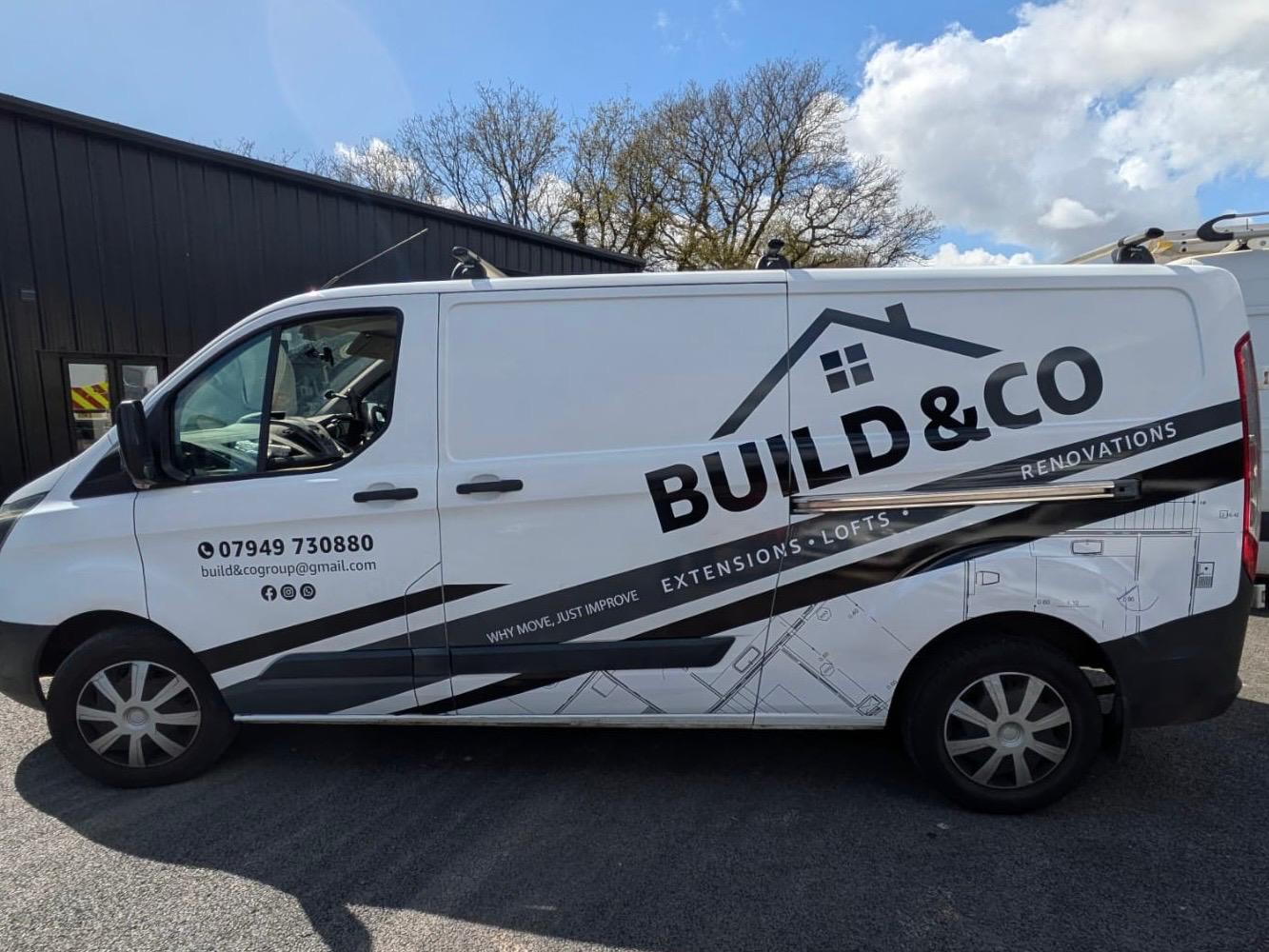 White van with black and grey cut vinyl signwriting for Build & Co, advertising extensions, lofts and renovations in Sussex