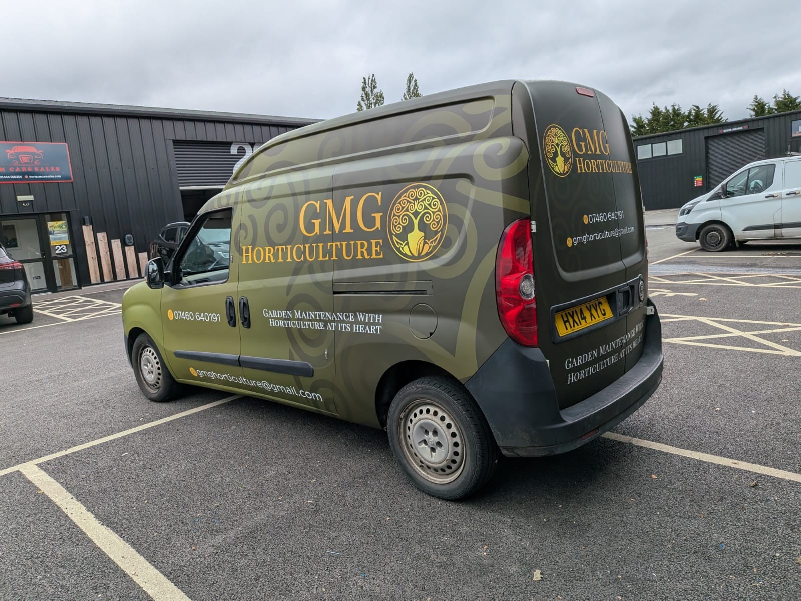 Vinyl Full Wrap transformation of a tired white van into this green van promoting GMG Horticulture, gardeners from Horsham, West Sussex